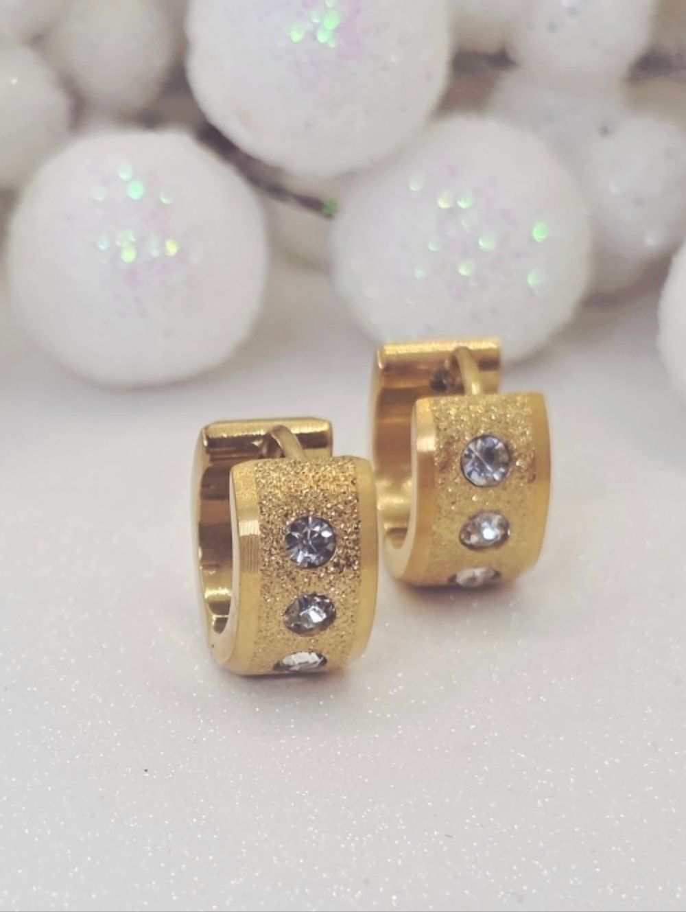18K Gold on Frosted Stainless Steel Diamond Studded Hoop/ Huggie Earrings